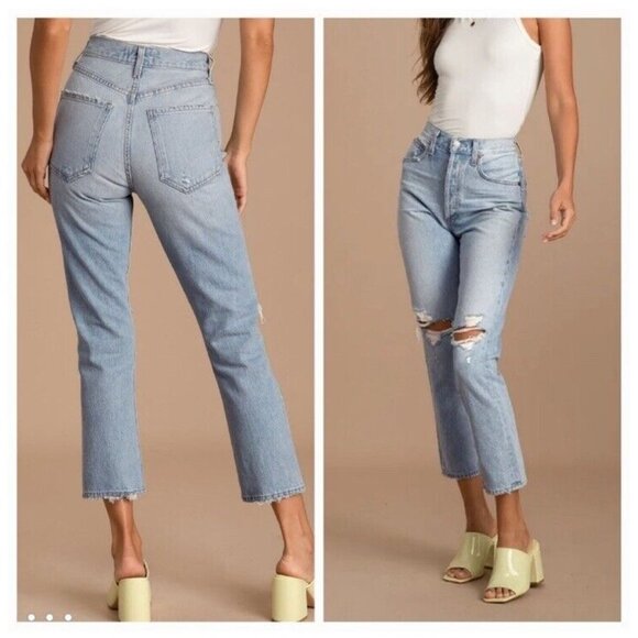Agolde Denim - Agolde Jeans Size 28 Riley High Rise Straight Crop Clear Skies Wash Ripped Knees